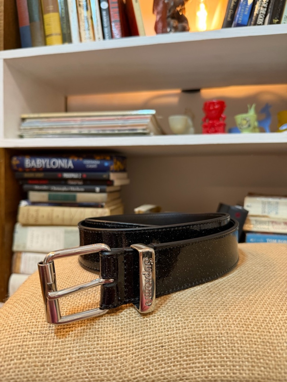 Black Glitter Leather Men’s Belt with Silver Buckle